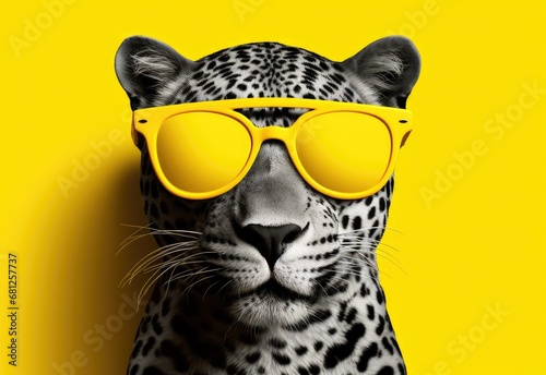 Snow leopard in sunglasses close-up. Portrait of a snow leopard. Anthopomorphic creature. Fictional character for advertising and marketing. Humorous character for graphic design.