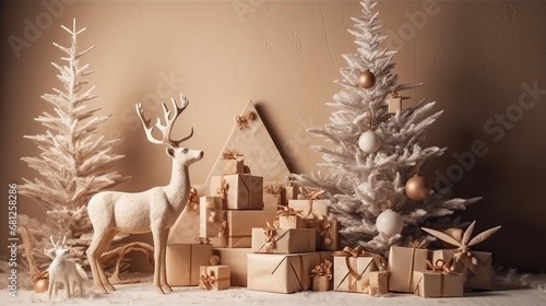 Beautiful Christmas tree with gift boxes and wooden reindeer near beige wall. decorations, xmas, celebrate new year happy festival, party, gift, present, card, happiness, countdown, gift box. holiday.