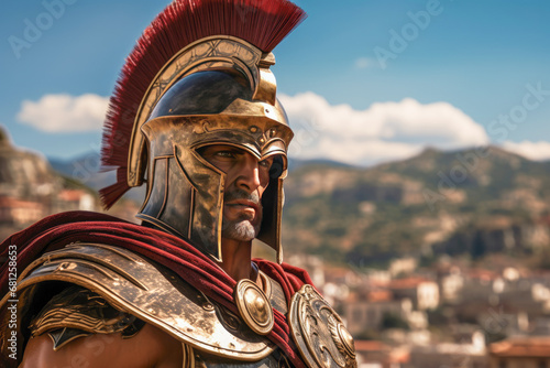 Depiction of an ancient Greek warrior, with weathered face bearing the marks of countless battles and triumphs, his gaze unwavering and resolute.
