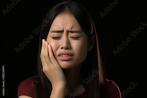 Extreme toothache agony. Woman in urgent need of dental relief, clutching her throbbing cheek