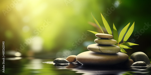 Zen stones and water in a peaceful green garden, relaxation time, wellness and harmony, massage and bodycare, spa and wellness concept