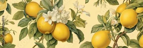 Elegant Vintage-style Wallpaper Design of Detailed Lemon Fruit in a Garden Setting