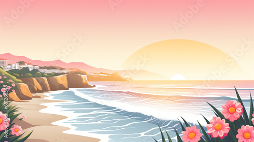 Illustration colorée d'une plage. Paysage vue sur la mer, soleil et falaise. Nature, fleur, rocher. Pour conception et création graphique.