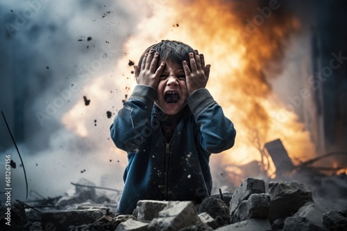 a little boy is crying covering his face with his hands against the backdrop of a war explosion