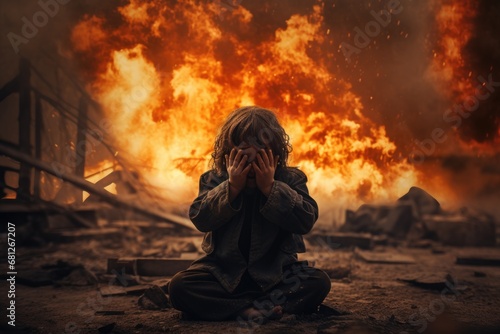 a little boy is crying covering his face with his hands against the backdrop of a war explosion