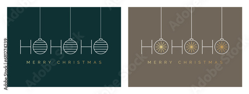 Ho Ho Ho Merry Christmas Card Design Template. HOHOHO Christmas Card with Bauble Decorations. Festive Typography Greeting Card with Christmas Balls. Vector Illustration for Minimalist Xmas Card.