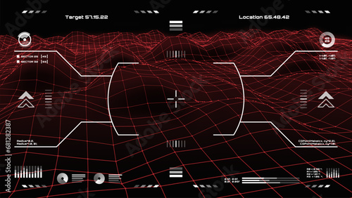 Military HUD target aim control and radar screen, futuristic dashboard. Sci Fi spaceship gun crosshair vector virtual display. Pilot viewfinder futuristic dashboard frame or game UI target aim screen