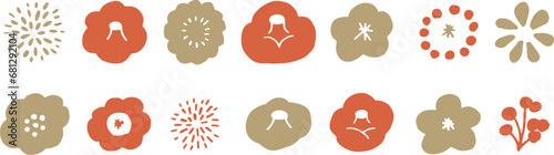 正月年賀状用素材。年賀状用の和風アイコンイラスト。椿や梅のシンプルアイコン。New Year's card material. Japanese style icon illustration for New Year's card. Simple icons of camellia and plum blossoms.