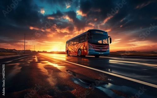 Realistic photo of bus running asphalt road on freeway landscape at sunset. generative ai
