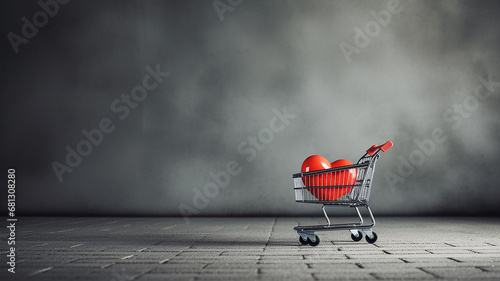 black friday background with copy space, shopping cart and heart-shaped symbols, love concept and gifts on sale, red heart