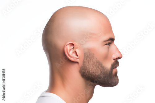 Side view of a bald man with a beard isolated on white