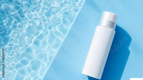 Mockup of cosmetic packaging. Cosmetic moisturizer with hyaluronic acid, micellar emulsion on blue swimming pool water background.