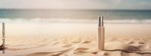 Cosmetic moisturizer with hyaluronic acid, micellar emulsion on sand beach background with splashes. Mockup of cosmetic packaging