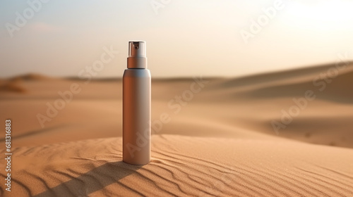 Cosmetic moisturizer with hyaluronic acid, micellar emulsion on sand beach background with splashes. Mockup of cosmetic packaging