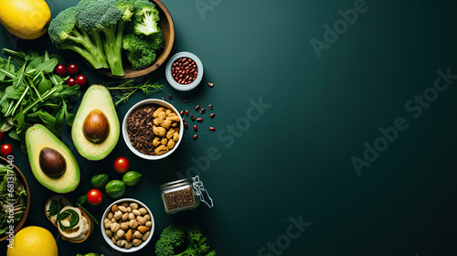 fitness and a healthy food lifestyle is depicted in a flatlay image with dumbbells, a diet lunch on dark baackground, top view, flat layout
