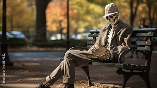 A skeleton sitting on a park bench. Generative AI.
