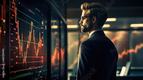Business man in suit with crypto coin looking at forex trading graphics on the screen.