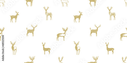 Hand drawn christmas deer seamless pattern illustration. Vintage style reindeer drawing background for festive xmas celebration event. Holiday animal texture print, december decoration wallpaper. 