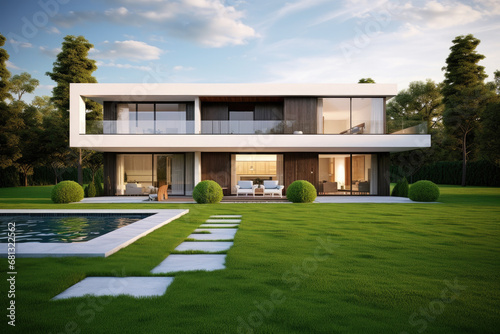 a minimalist modern house with grass lawn