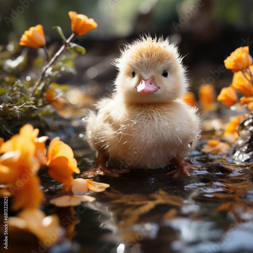 Photo of a fluffy duckling swimming in a pond. Generative AI
