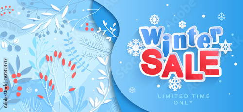 Winter sale horizontal banner with promotion and winter floral part with red berries. Big discounts template design for Christmas and New Year. Promo for retail, market,web. Vector Illustration.