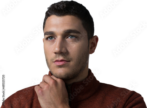 Digital png photo of focused biracial man with hand under chin looking up on transparent background