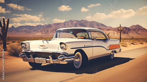 car on the beach generated by AI, Vintage Auto Relinquished by Time, car in the desert, vintage classic car from the 1950s on a US desert highway