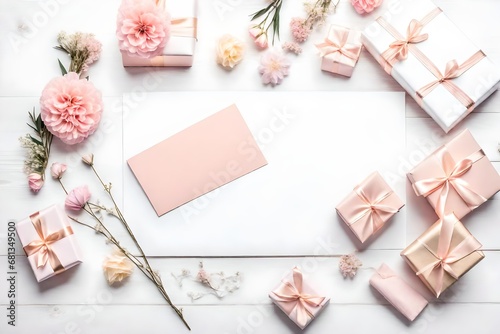 Mock up of feminine holidays greeting card in pale pastel color with flowers, gift box, ribbon and heart on white desktop backgrou ROYALTY-FREE STOCK PHOTOMock up of feminine holidays greeting card in