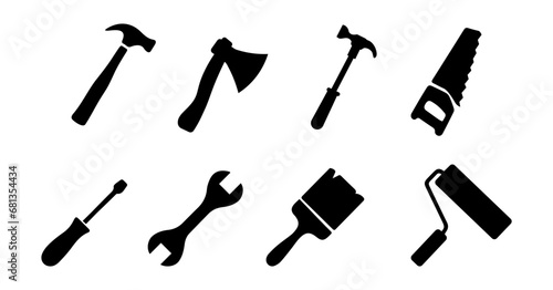 Tool or instrument icon collection in black. Construction tool silhouette icons. Screwdriver, wrench, wire cutter, drill, brush, hammer icons. Service and repair symbols