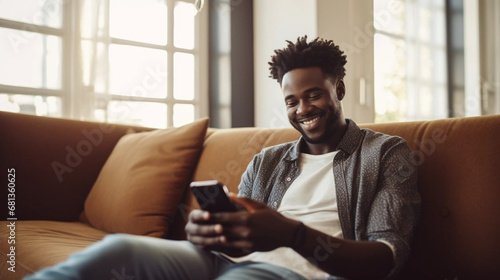 An African American man using a smartphone while relaxing on a sofa at home. The scene illustrates a casual communication moment in a comfortable domestic setting