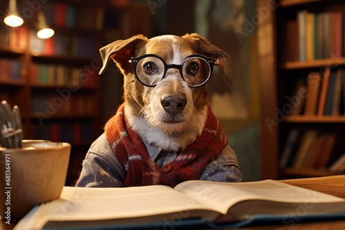anthropomorphic dog sitting at a desk in a library reading a book the dog is wearing glasses and looks very studious