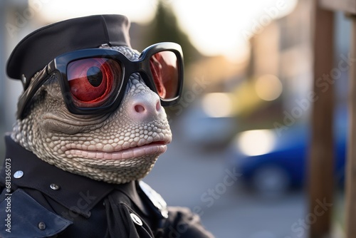 anthropomorphic chameleon in a police uniform blends in with its surroundings while investigating a crime