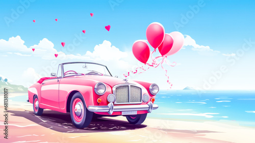 Retro romantic holiday card with classic pink convertible car adorned with pink heart-shaped balloons on sandy beach on seascape background. Concept of Valentine's Day, honeymoon, love and dating