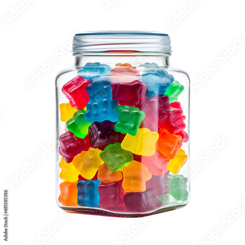 front view close up of in a gummy bears jar isolated on a white transparent background 