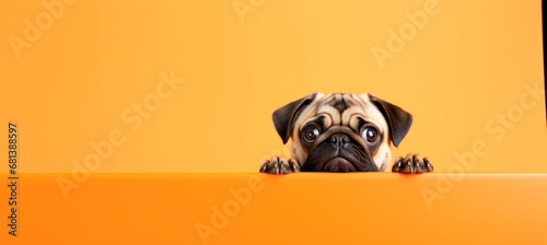 funny pug peeping from behind a vibrant orange block, horizontal wallpaper banner or card large copy space for text.
