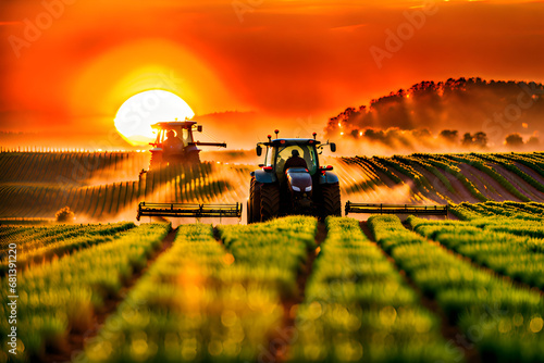 The setting sun is a farmer in the field .Generate AI