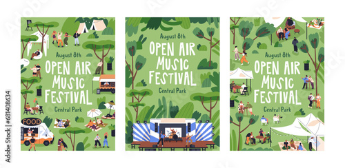 Open-air music and street food festival, posters and flyers set. Outdoor fest, summer holiday picnic in park. Promotion placard designs with tiny people in nature. Isolated flat vector illustrations