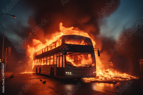 At night, a bus is burning on the street with a bright flame and there is thick smoke.