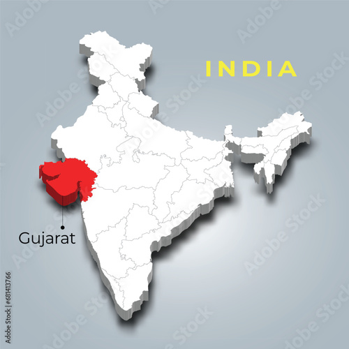 Gujarat map location in Indian 3d isometric map. Gujarat map vector illustration