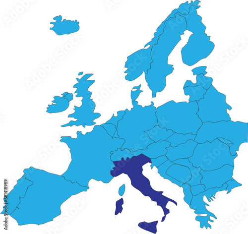 Dark blue CMYK national map of ITALY inside simplified blue blank political map of European continent on transparent background using Peters projection