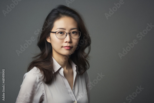 Portrait of a beautiful Asian businesswoman in white shirt and glasses.