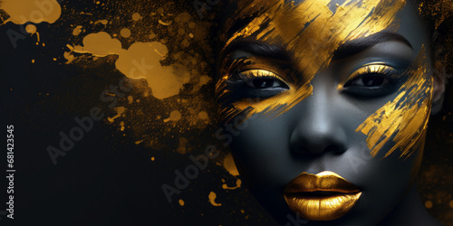 Beautiful black woman with golden makeup on her face, in the style of bio-art. Studio portrait high fashion, isolated background