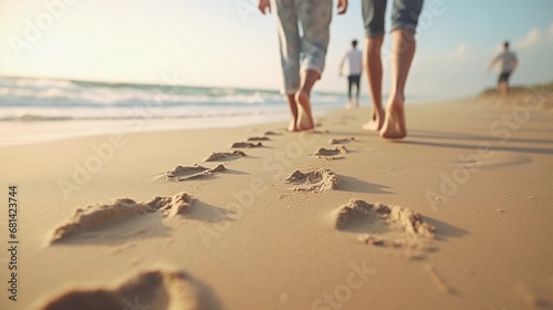 Illustrate a scene of family footprints in the sand, showcasing a variety of sizes and patterns as family members enjoy a day at the beach together, AI generated, background image