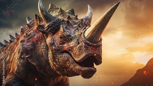 Portrait of Triceratops against ancient forest background with space for text, AI generated, background image