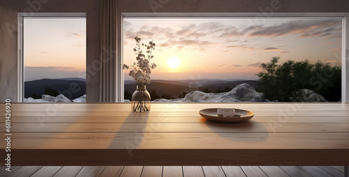 view from the window, a table view from the top with interior material. Generative Ai content