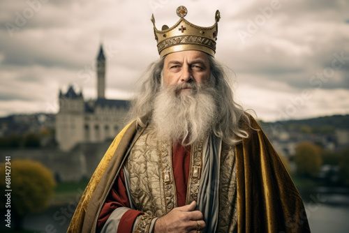 Portrait of a man dressed like Charlemagne the former french king and emperor with French medieval castle in background