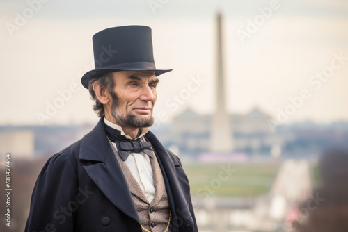 Portrait of a man dressed like Abraham Lincoln the former president with American city in background