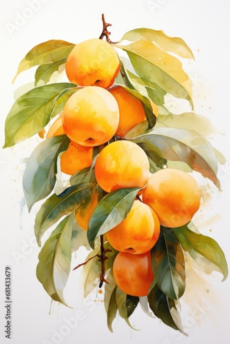 Painted in watercolors, the loquat graces the canvas with its subtle palette. Each brushstroke captures the tropical charm of this small, juicy fruit.