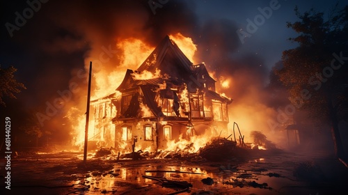 A burning building or house engulfed in flames