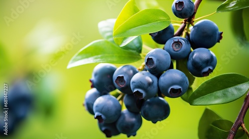 Ripe blueberries on the branch with green leaves